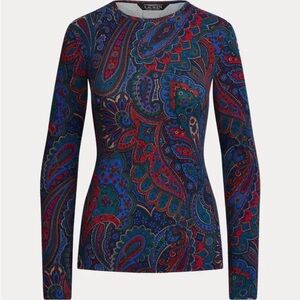LAUREN RALPH LAUREN Paisley Long Sleeve Tee Classic Blue & Red Knit Top